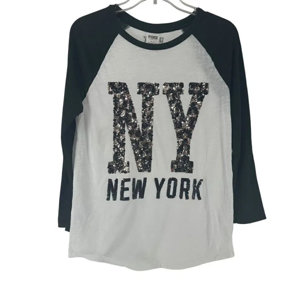 PINK Victorias Secret Sequin Raglan Tee New York Animal Print Size S Black White